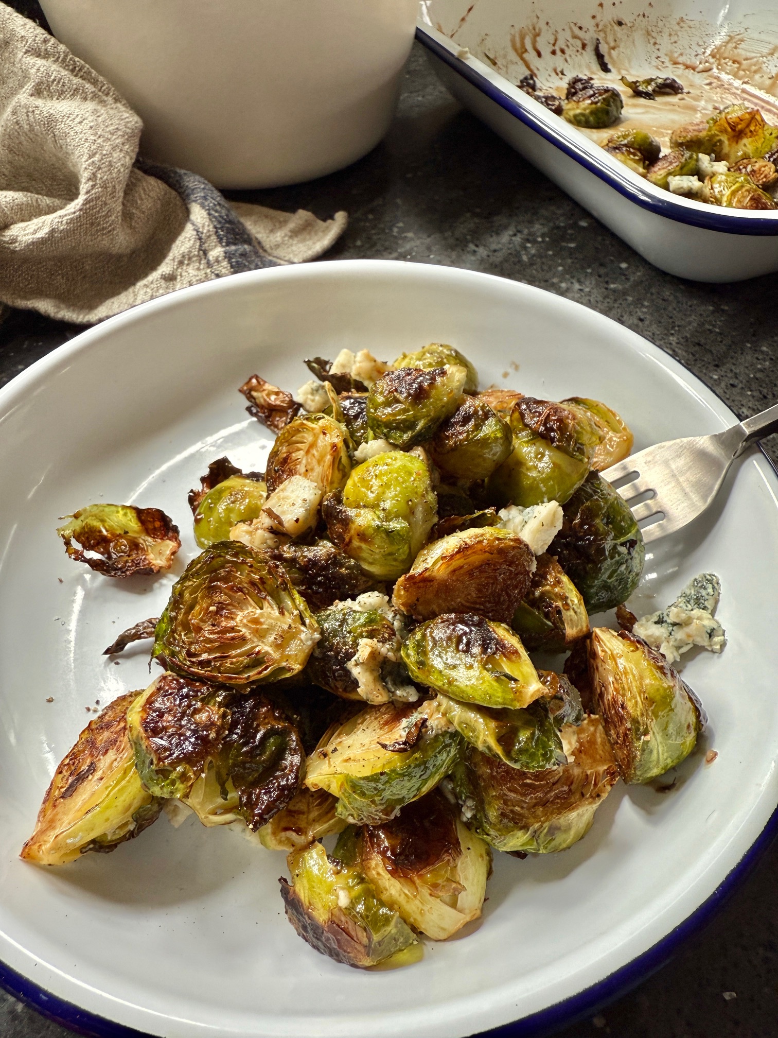 Roasted Brussels Sprouts with Blue Cheese and Balsamic Glaze